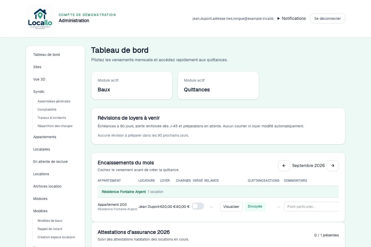 Vraie interface Locallo sur ordinateur : navigation, logements, locataires et documents, avec des données de démonstration.